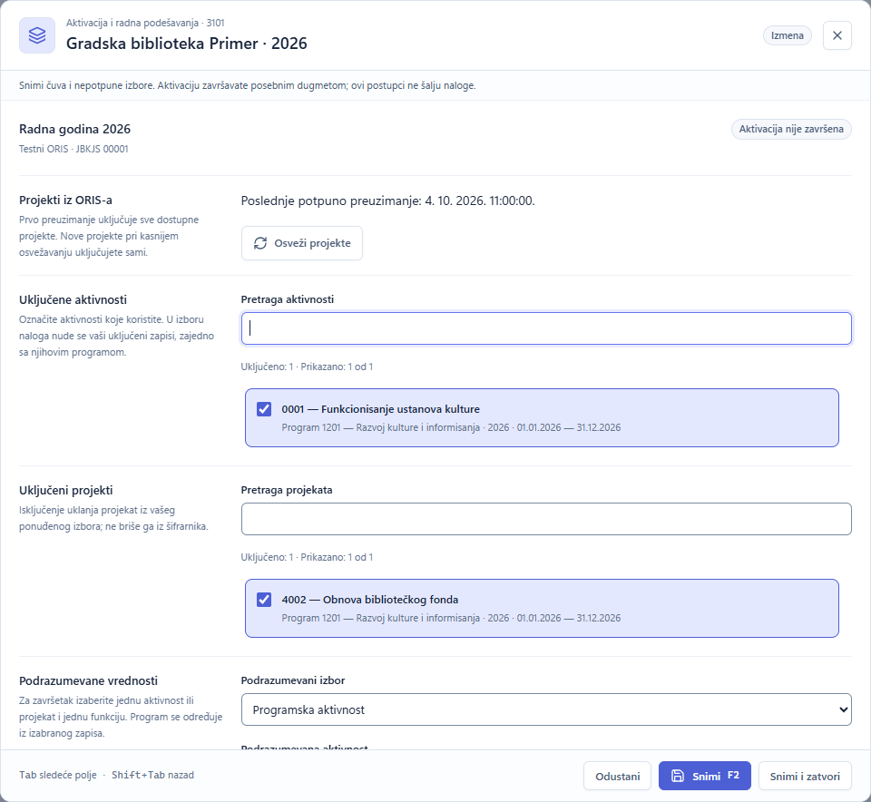 Podrazumevana aktivnost ili projekat, funkcija i izvor finansiranja u godišnjoj aktivaciji