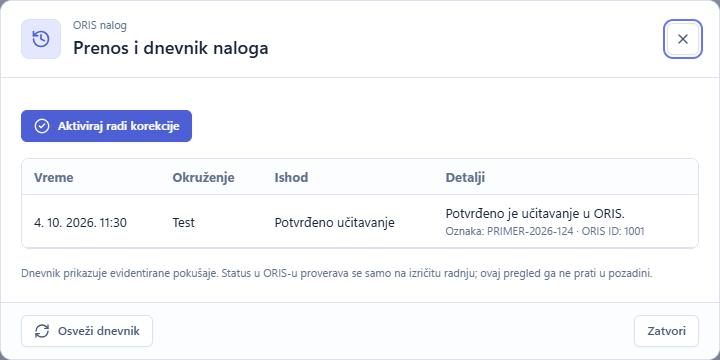 Dnevnik prenosa sa pokušajima i njihovim ishodima