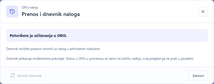 Rezultat prenosa sa potvrđenim učitavanjem naloga