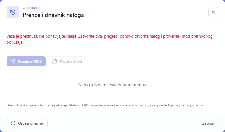Nerazrešen pokušaj prenosa i dugme Proveri ishod