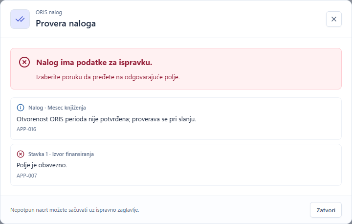 Provera naloga sa greškom: nedostaje izvor finansiranja na prvoj stavci