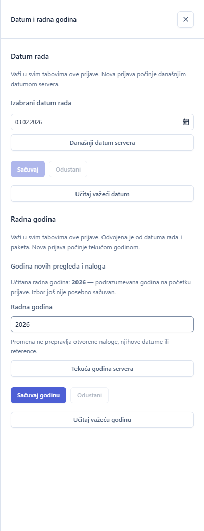 Panel Datum i radna godina sa zasebnim podešavanjima datuma i godine
