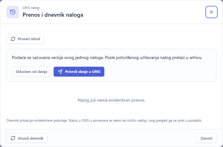 Dijalog prenosa sa dugmetom Potvrdi slanje u ORIS